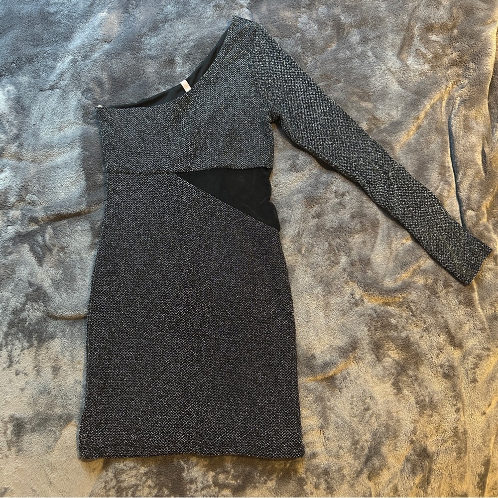 Black One Shoulder Mini Dress Silver Metallic Stretch Sheer Club Vegas Dress XS